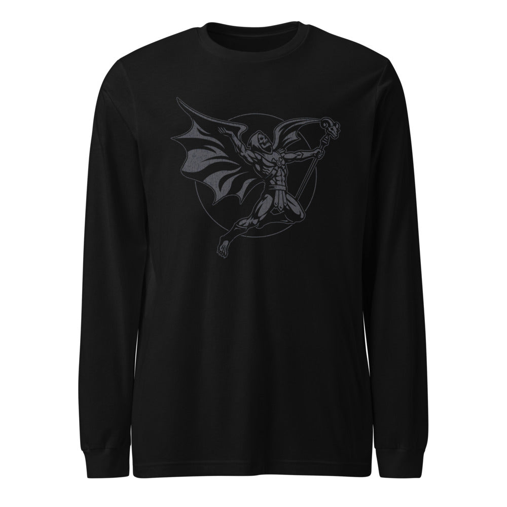 Skeletor Bat Cape Scythe Silhouette manga larga negra frente