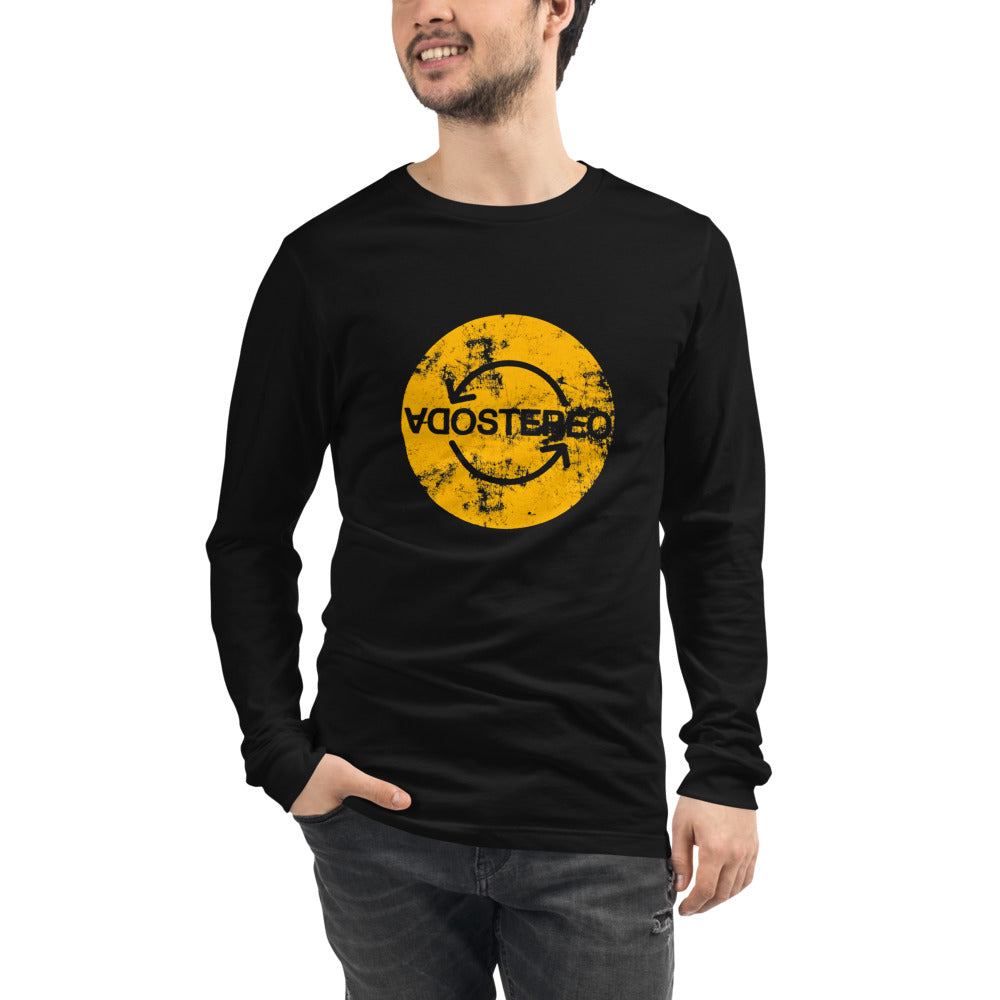 Soda Stereo Logo Distressed Yellow manga larga negra modelo masculino