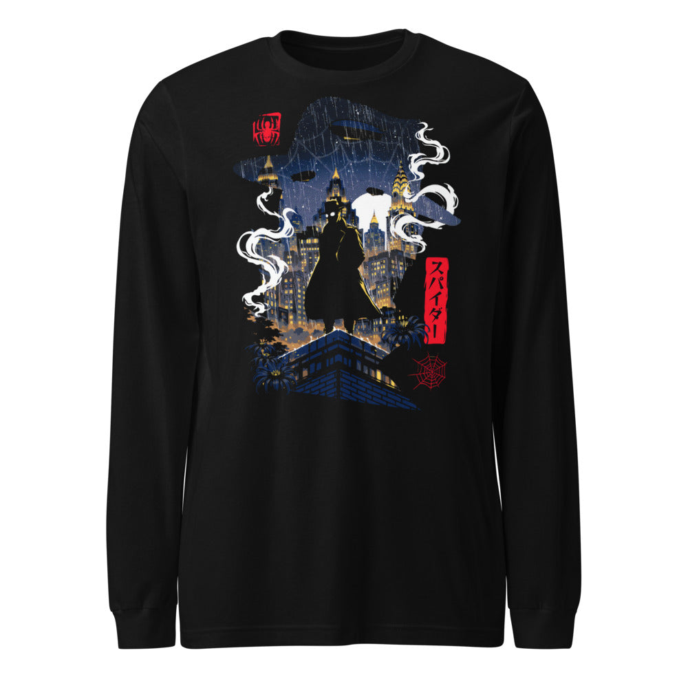 Spider Man Silhouette City Rain manga larga negra frente