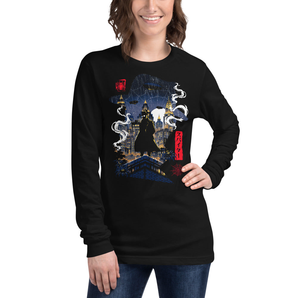 Spider Man Silhouette City Rain manga larga negra modelo femenina