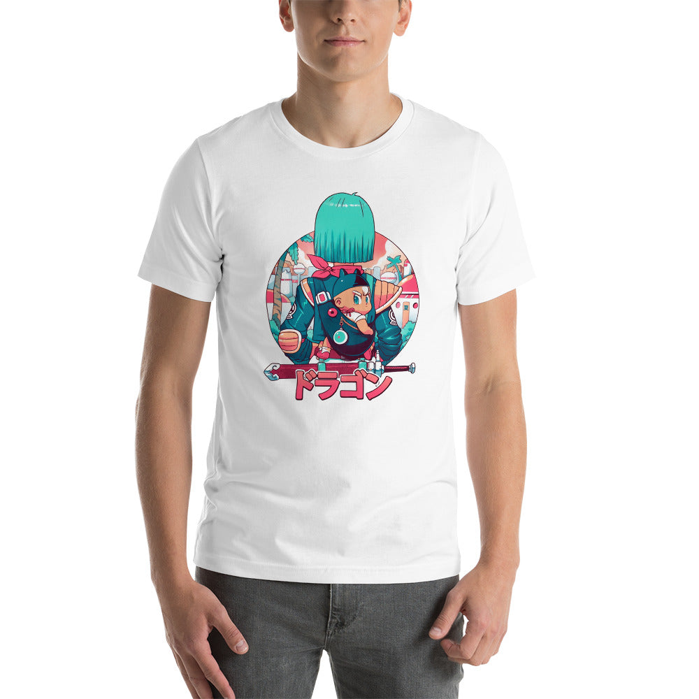 ¡Muestra tu amor por la familia más querida de Dragon Ball con nuestra playera de Bulma y Trunks! Con Bulma cargando a Trunks de bebé.