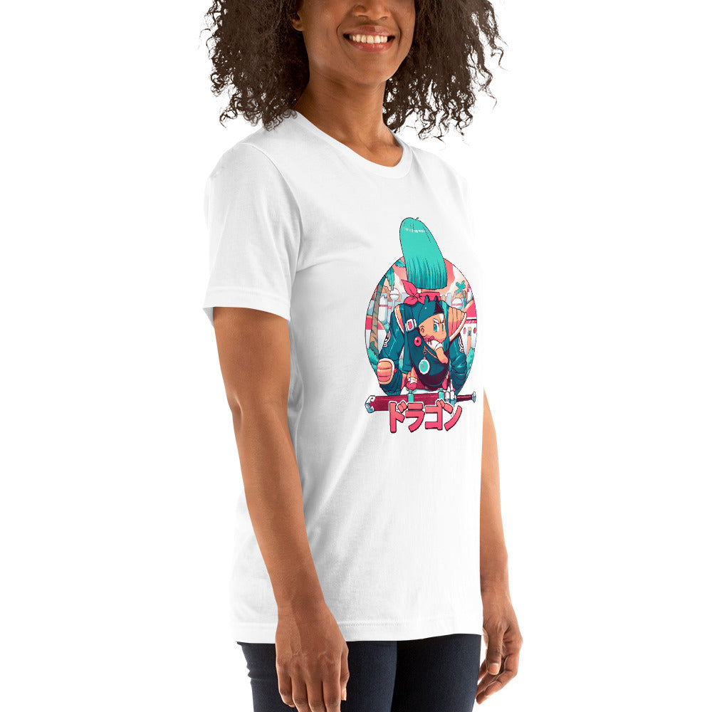 ¡Muestra tu amor por la familia más querida de Dragon Ball con nuestra playera de Bulma y Trunks! Con Bulma cargando a Trunks de bebé.